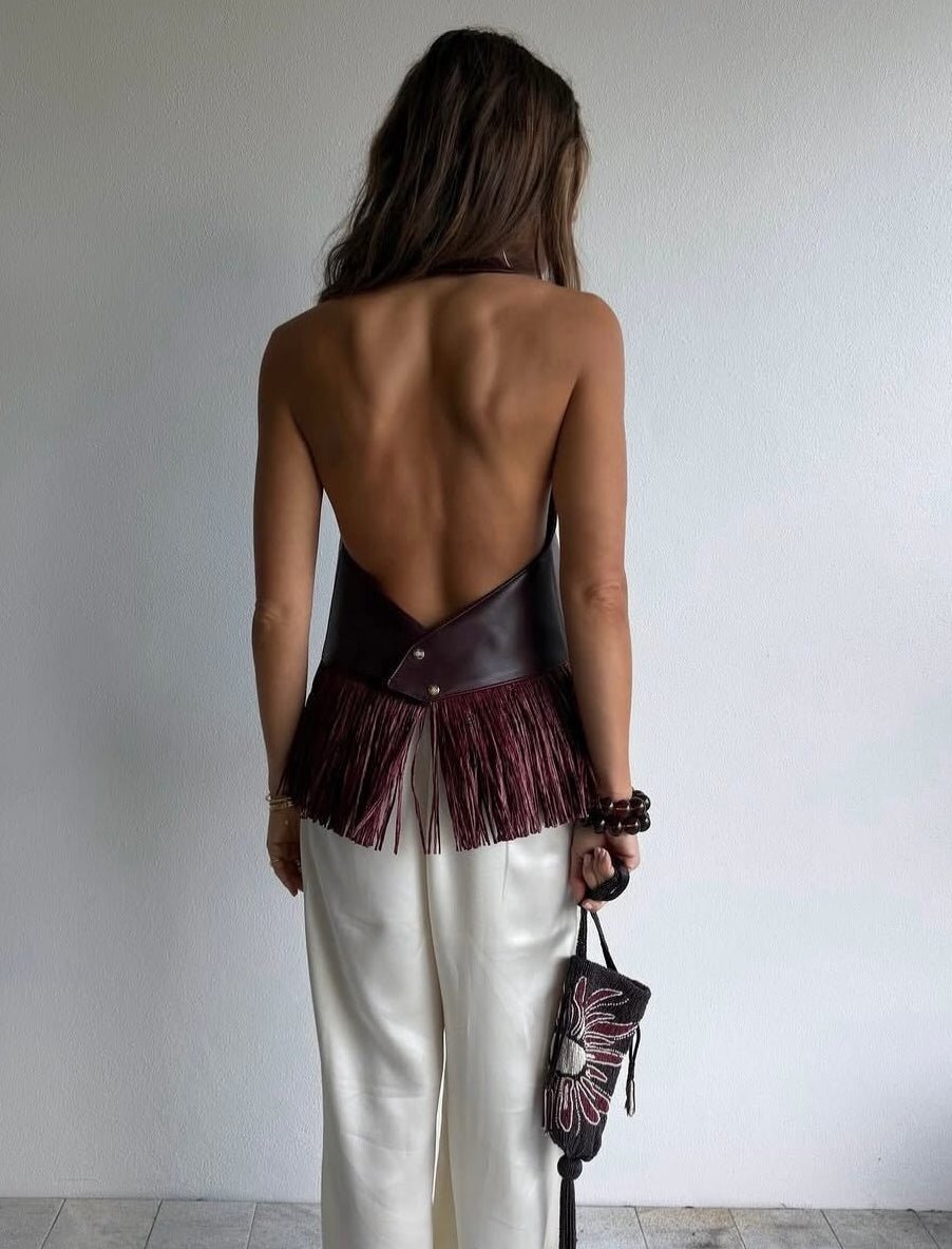 Top halter Gina de flecos en polipiel