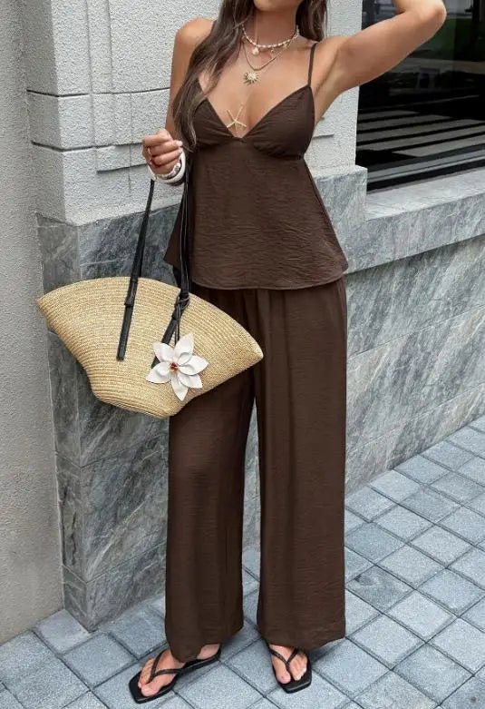 ZEYA - Aurore Deep V - Neck Cami & Wide Leg Pants Set