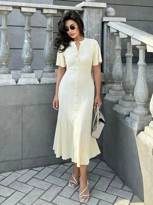ZEYA - Azure Bell Sleeve Pleated Knit Midi Dress
