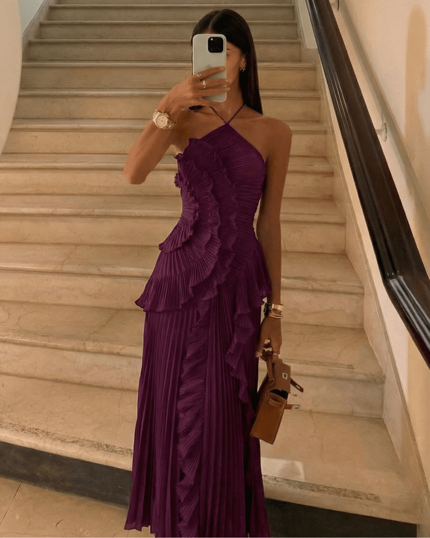 ZEYA - Bayley Halter Pleated Ruffle Maxi Dress