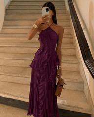 Bayley Halter Pleated Ruffle Maxi Dress