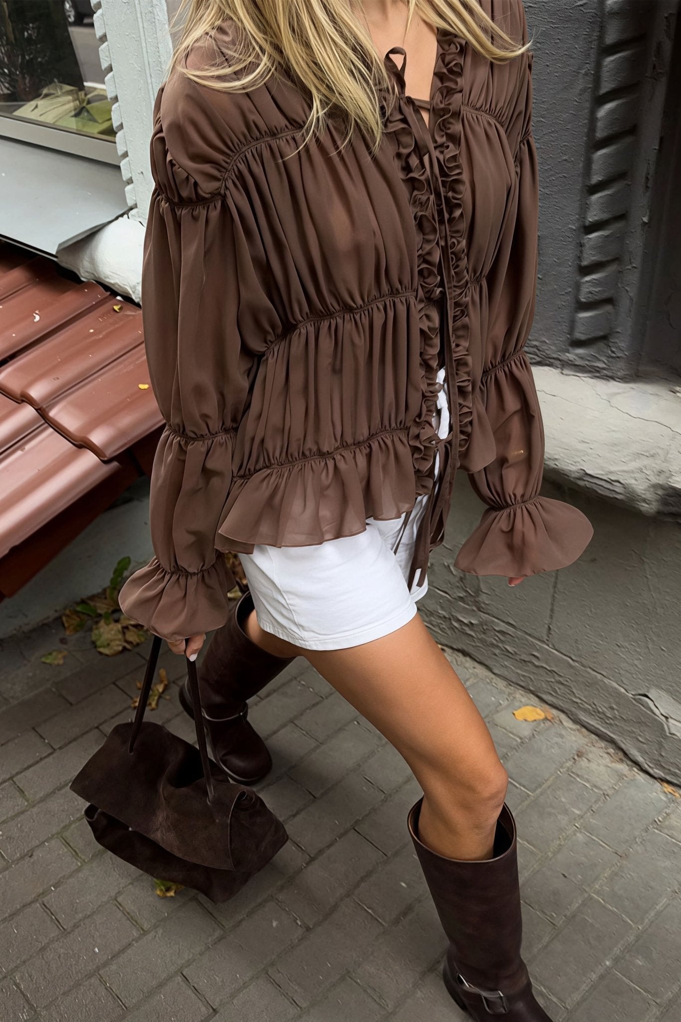 ZEYA - Caitriona Ruched Ruffle Tie Blouse
