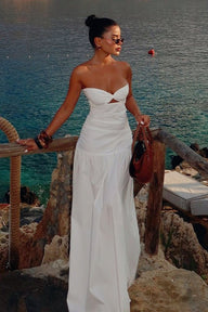 Vestido Maxi Camia con Abertura y sin Tirantes