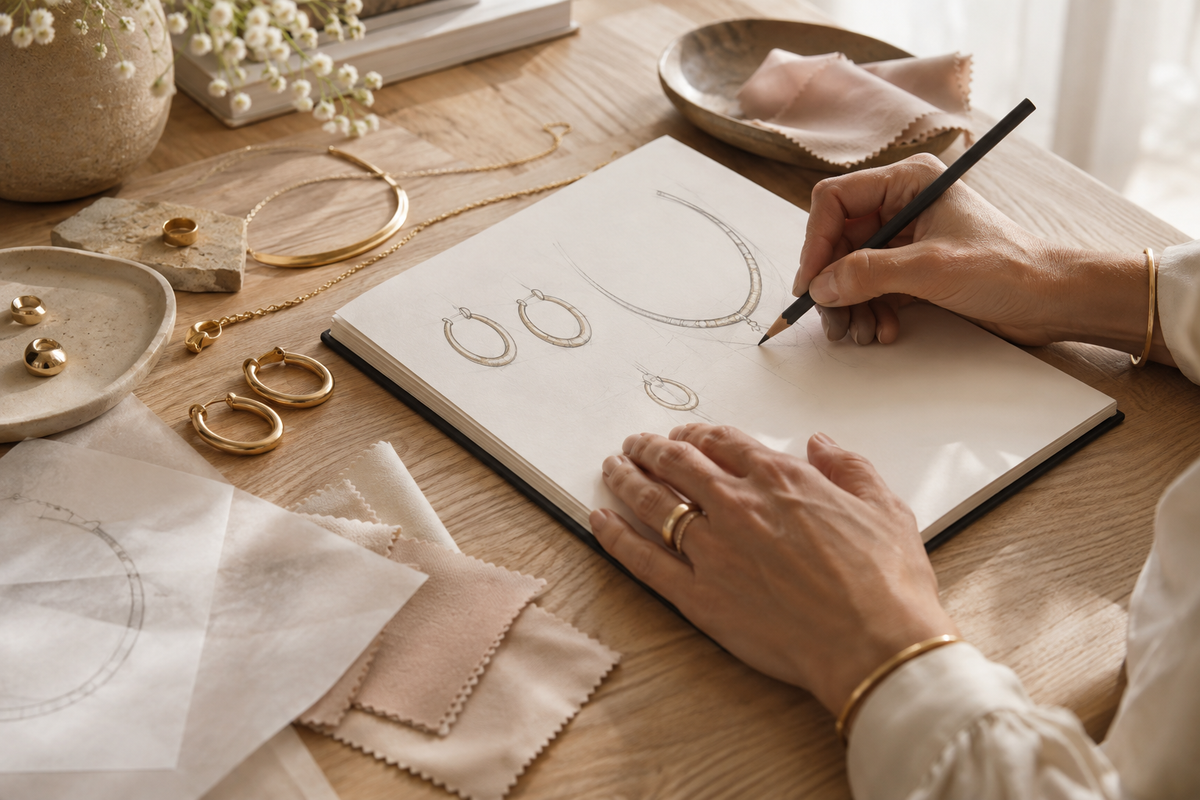 AI-generated illustration of hands sketching jewelry at a worktable.