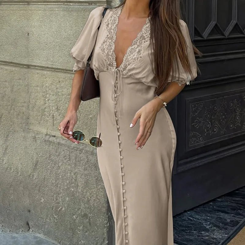 ZEYA - Diandra Puff Sleeve Lace-Up Maxi Dress
