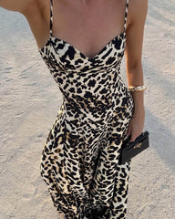 Vestido largo Enora de tirantes finos con estampado de leopardo
