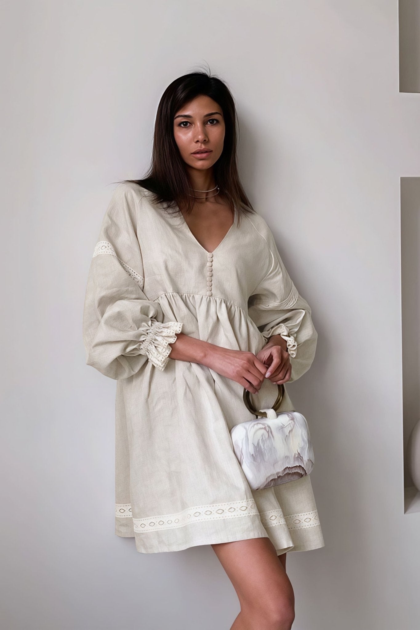 ZEYA - Hermione Cotton Linen V - Neck Lantern Sleeve Mini Dress