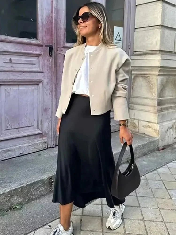 ZEYA - Hilde High Waist Black Satin Midi Skirt