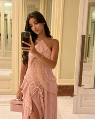 Vestido de tul con volantes y tirantes tipo halter Hiraya