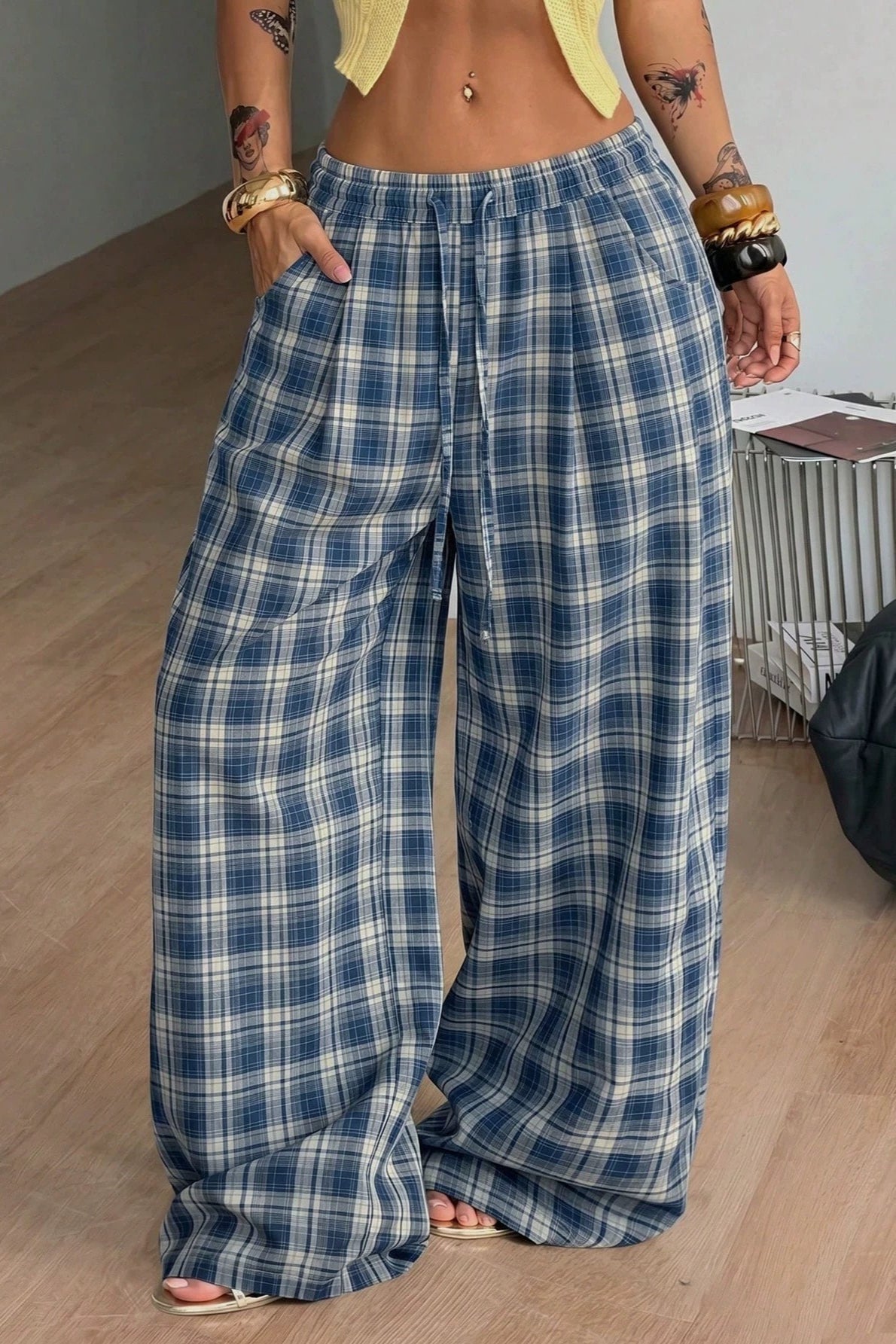 ZEYA - Jessica Plaid Wide Leg Drawstring Pants