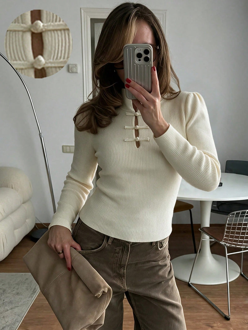 ZEYA - Katie Mandarin Collar Ribbed Knit Top