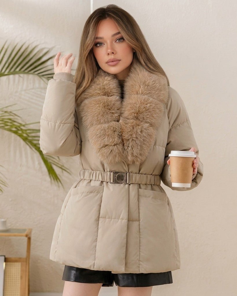 ZEYA - Katniss Belted Faux Fur Collar Quilted Parka