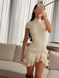 Vestido Mariana de satén con patchwork y cuello de encaje