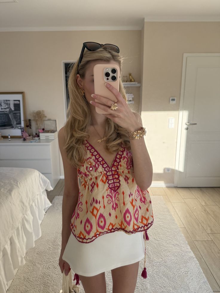 ZEYA - Mia Embroidered Boho Tassel Tie Cami Top