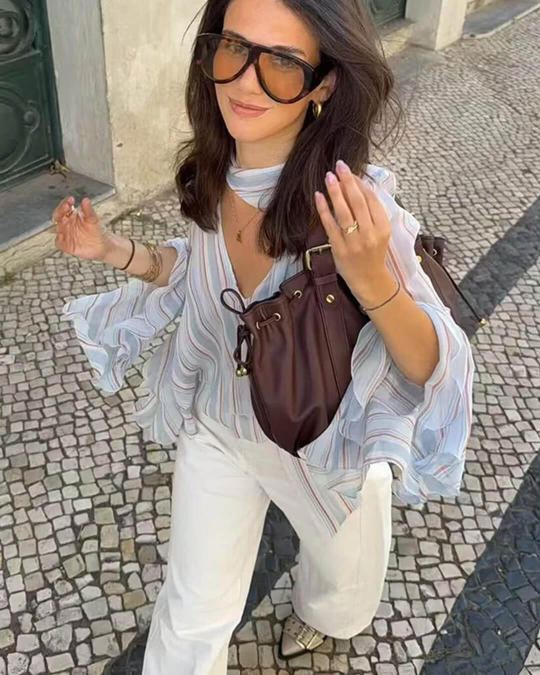 ZEYA - Sandra Stripe Ruffle Tie-Neck Blouse