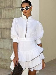 Maria Patchwork vestido corto de cuello alto
