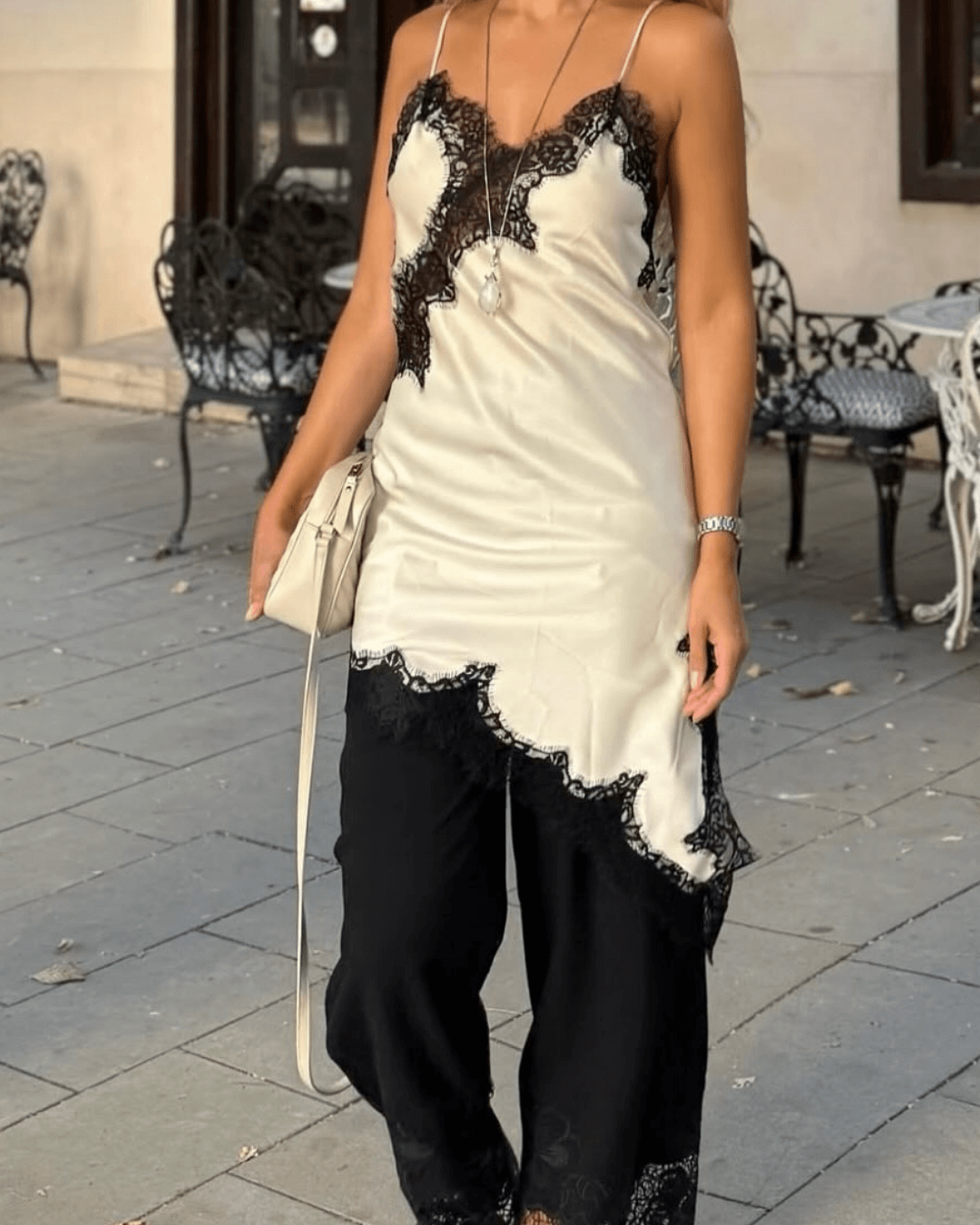 ZEYA - Sophia Asymmetric Satin Lace Midi Dress