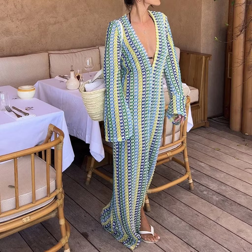 Sophia vestido maxi de crochet a rayas con mangas acampanadas