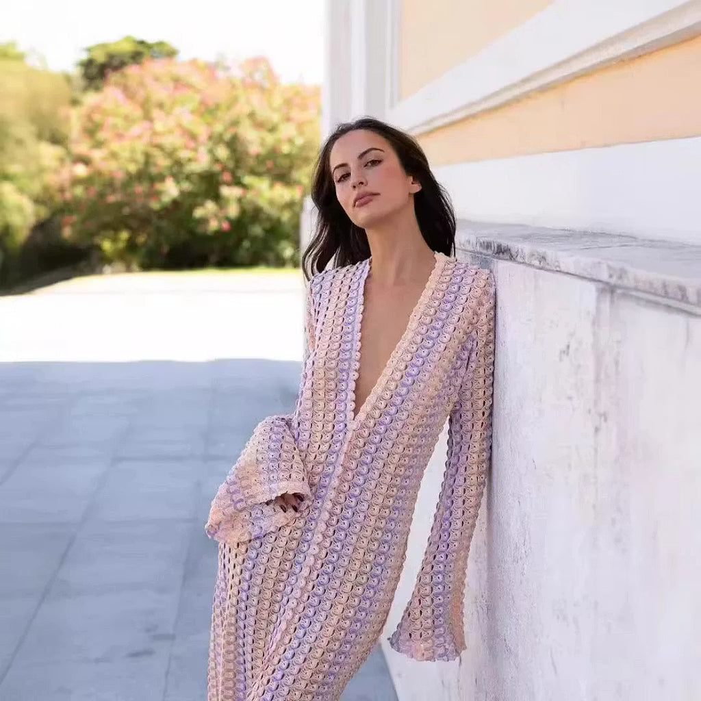 Sophia vestido maxi de crochet a rayas con mangas acampanadas