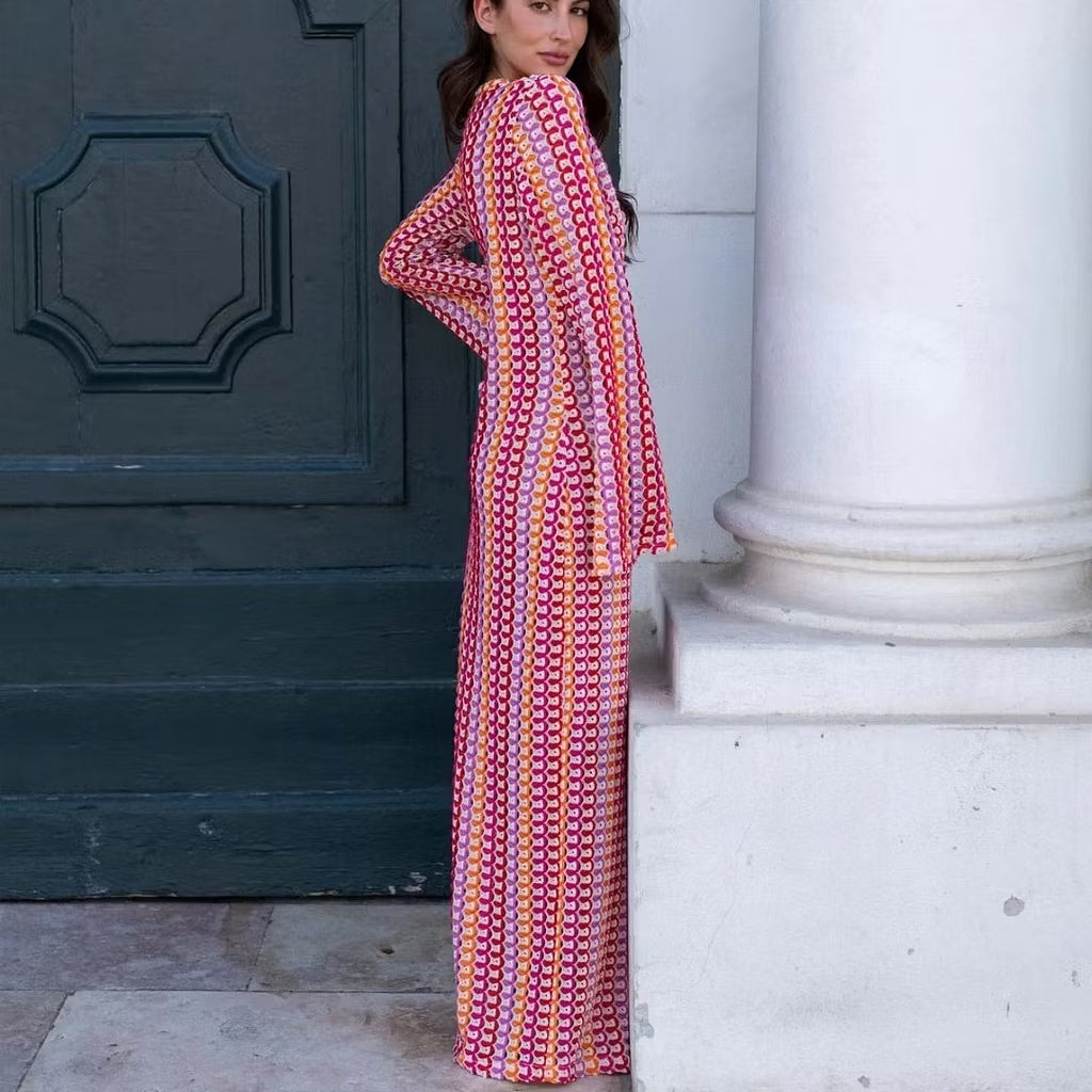 Sophia vestido maxi de crochet a rayas con mangas acampanadas
