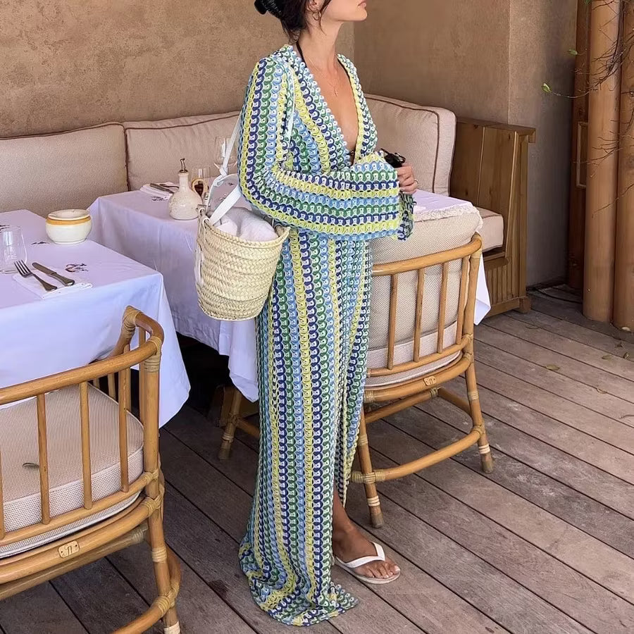 Sophia vestido maxi de crochet a rayas con mangas acampanadas